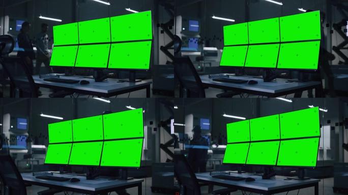 工业4.0现代工厂: 具有多个色度键/绿屏显示的计算机。背景技术高科技全自动电子生产工业设施