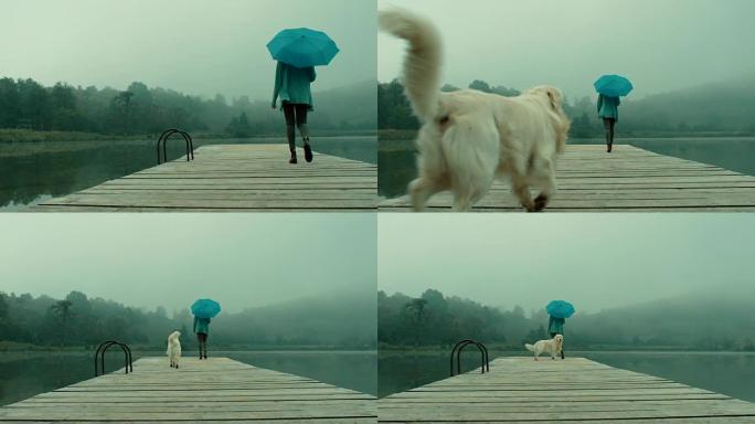 带着蓝色雨伞和狗在湖边码头散步的女人