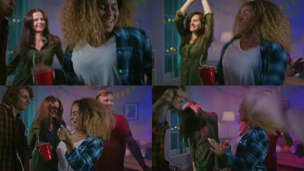 在野房派对上: 美丽的黑人女孩在霓虹灯下跳舞。在背景中，其他青少年玩得开心，泡吧。