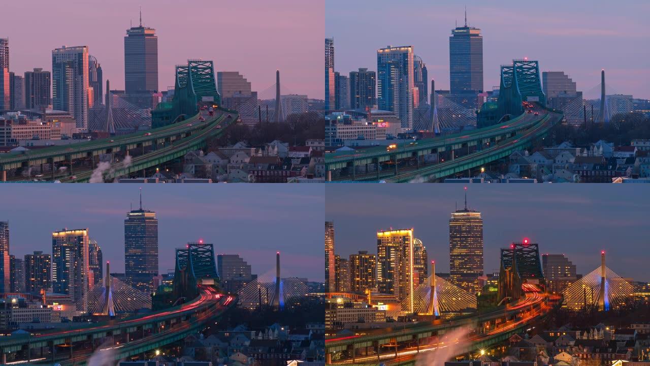 波士顿天际线的时间流逝，在城市景观上的桥梁和快车