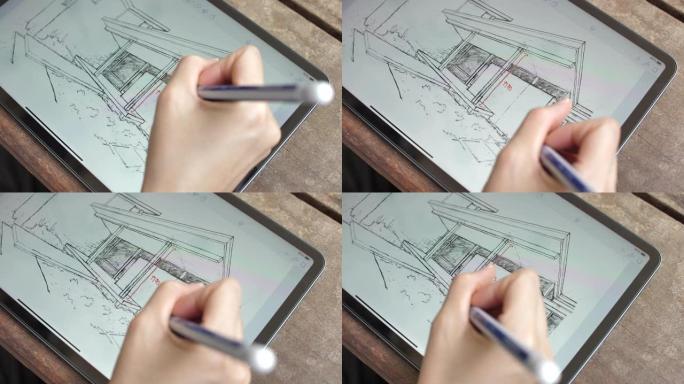 建筑师在数字平板电脑上评论房屋计划的细节