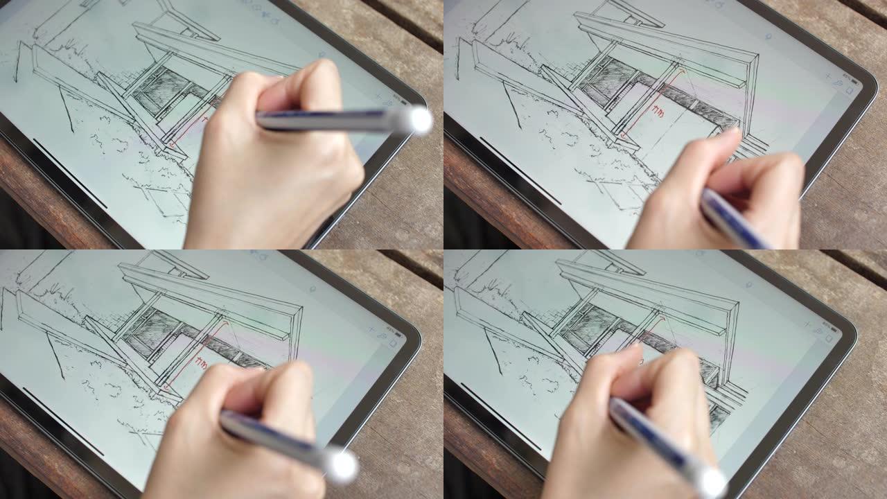 建筑师在数字平板电脑上评论房屋计划的细节