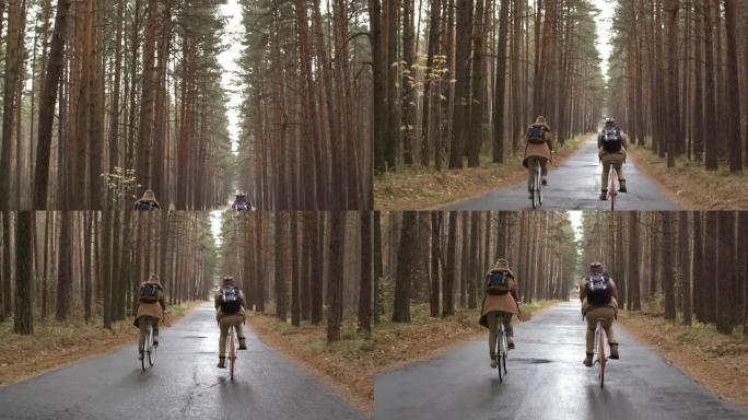 秋雨天骑自行车的游客的背景图