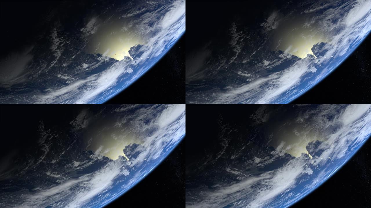 来自太空的地球。屏幕上的星球在顶部。星星闪烁。地平线向右转动。4K。地球缓慢旋转。现实的氛围。3D体