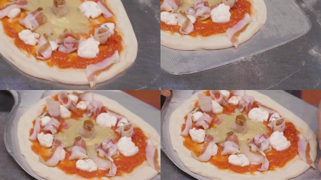 披萨厨师的手在披萨上塞满了高品质的意大利美食食材，例如: 火腿，各种奶酪，西红柿以及新鲜和生物蔬菜