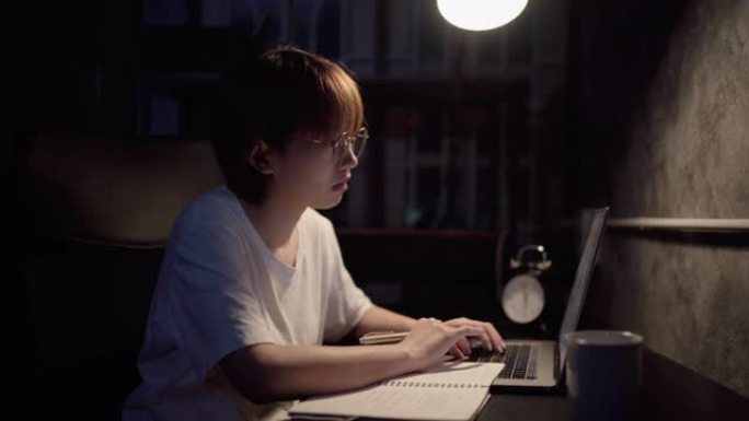 自由职业者女孩晚上在笔记本电脑上工作