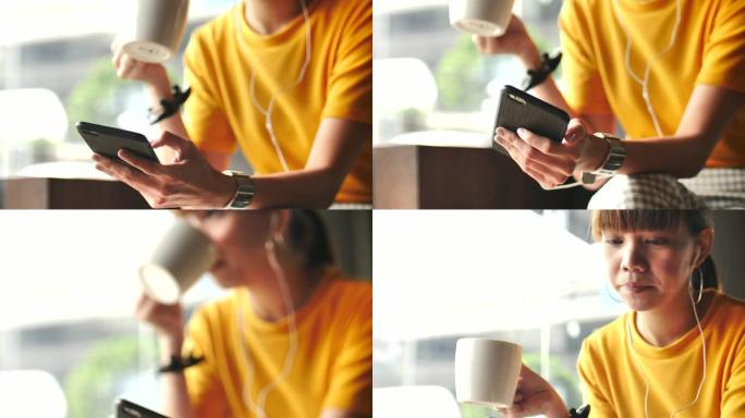 女人在咖啡店里使用智能手机