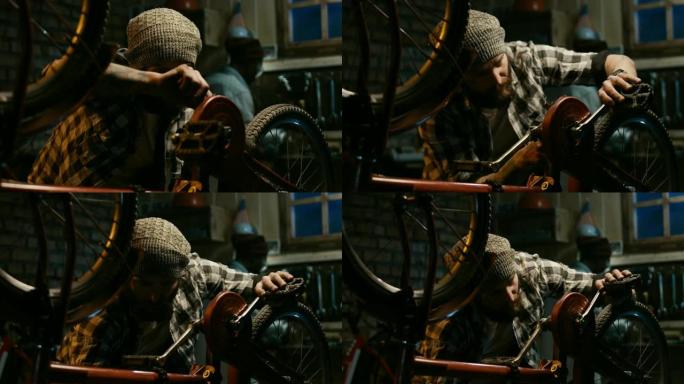 两名男子在自行车维修店工作