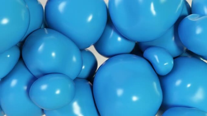 抽象彩色蓝色软球在内部压力下移动并相互作用，试图为自己找到一个地方。