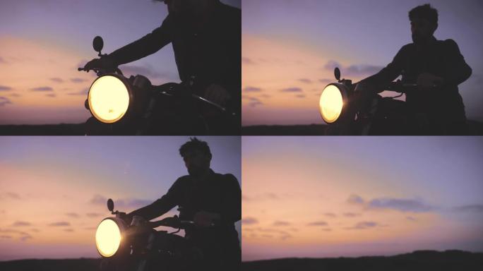 日落时分，一名男子骑着经典摩托车离开