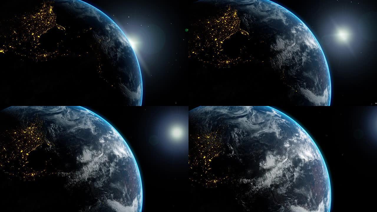 在宇宙空间中移动的行星地球上从夜间到白天的时间变化