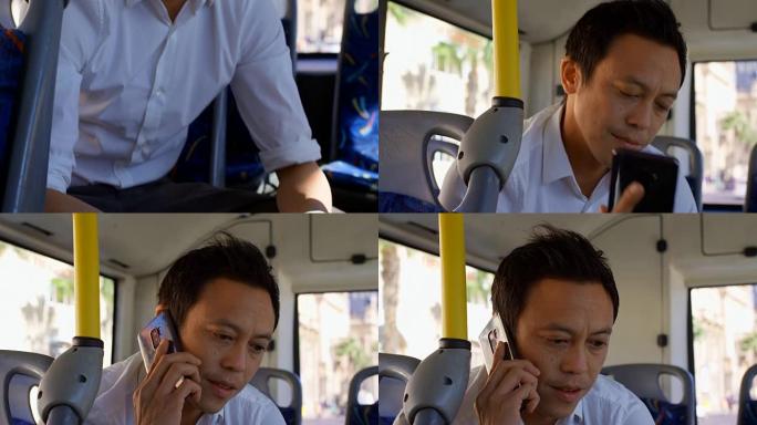 乘坐公共汽车4k时，男性通勤者用手机通话
