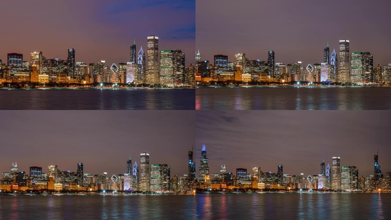 芝加哥的4k时间流逝芝加哥市中心的天际线全景与密歇根湖沿岸的海岸线在美国伊利诺伊州芝加哥的美丽夜晚，