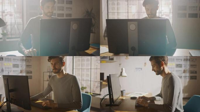 创意设计师坐在办公室工作室的办公桌前，在屏幕上显示智能手机软件开发应用程序的台式计算机上工作。Web