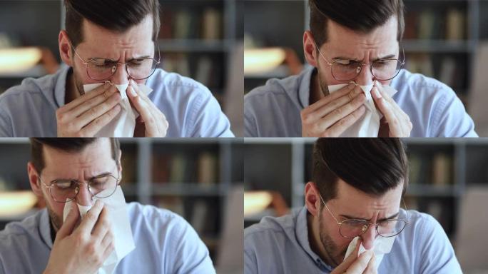 生病的年轻人有过敏症状，流鼻涕