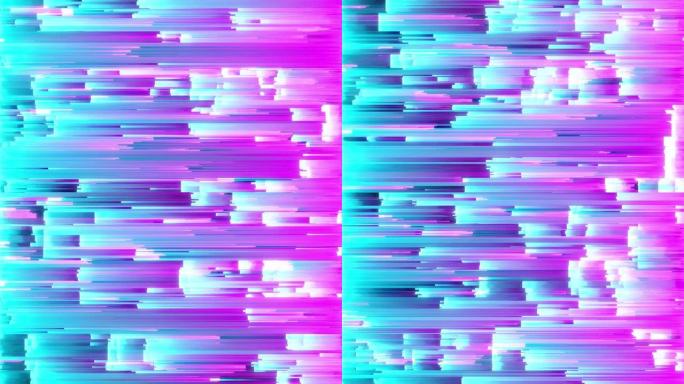 像素排序模式毛刺效应的抽象无缝循环动画用于音乐视频，转场，广播，荧光紫外线，激光霓虹灯线。蓝色粉色光