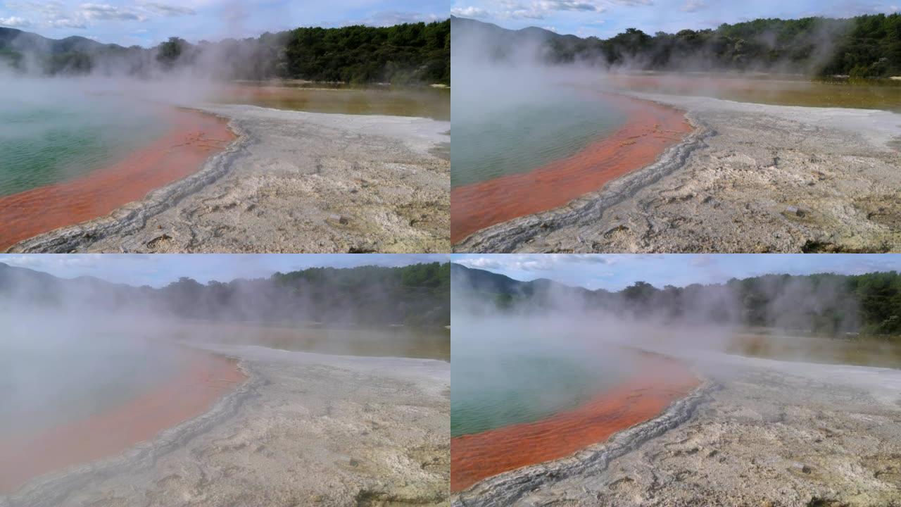 蒸汽在新西兰的地热湖上上升