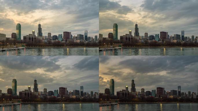 延时: 芝加哥城市景观办公室天际线摩天大楼，沿密歇根湖高速公路，格兰特公园在美国伊利诺伊州黄昏日落
