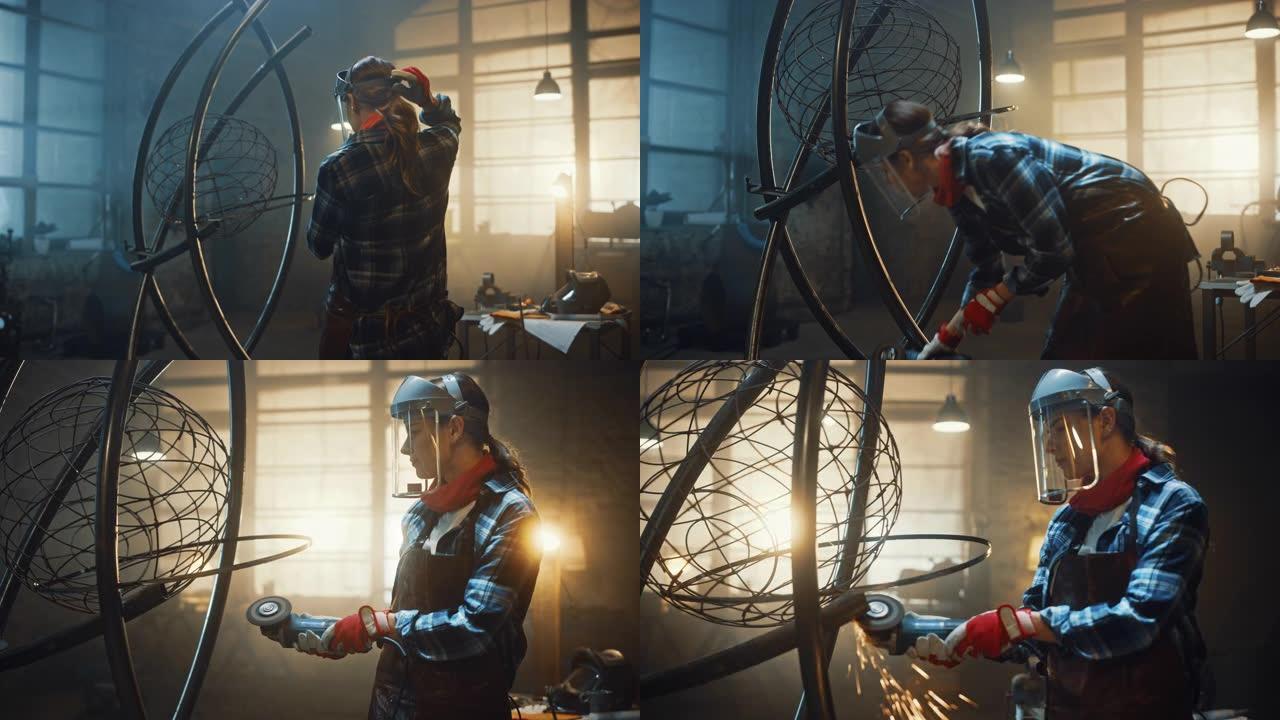 才华横溢的创新女艺术家走到一个金属管雕塑前，戴上安全面罩，在车间里使用角磨机。当代制造商创造现代钢铁