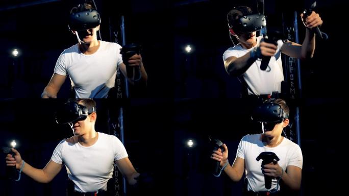 一个年轻人正在游戏过程中使用虚拟现实平台。虚拟现实游戏概念。