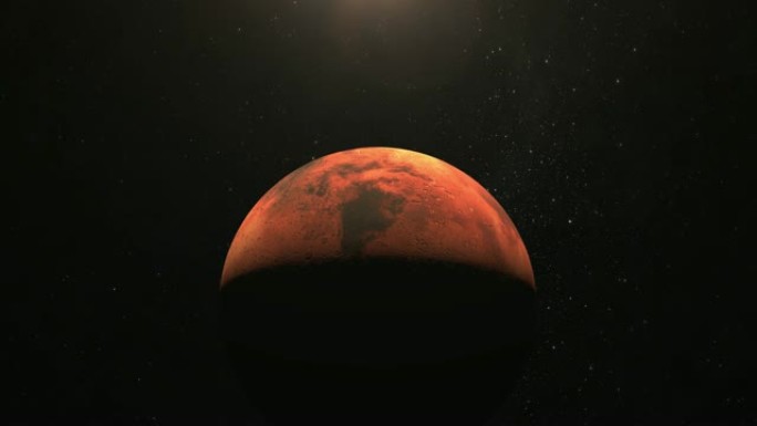 火星。摄像机正在接近行星。从太空看。星星闪烁。4K。太阳从上面照射。火星被太阳照射到一半。