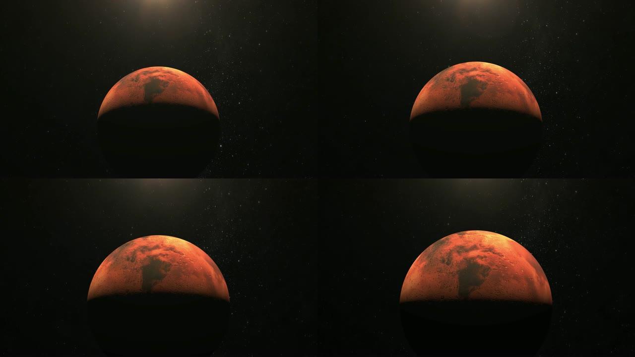 火星。摄像机正在接近行星。从太空看。星星闪烁。4K。太阳从上面照射。火星被太阳照射到一半。