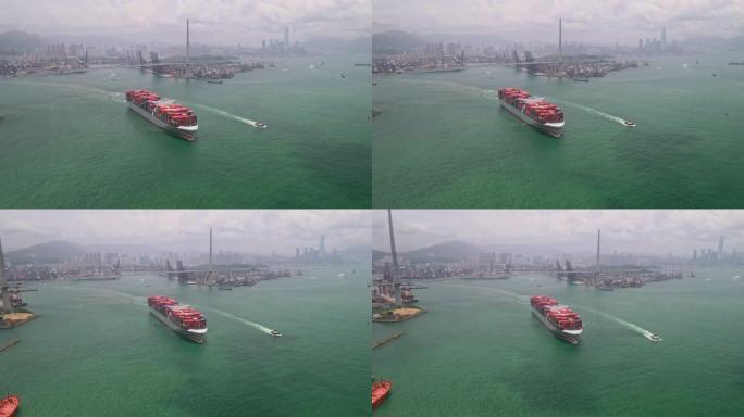码头商业港口的4k分辨率集装箱货船，香港的商业物流和运输业，国际水运