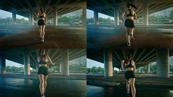 一个穿着黑色运动上衣和短裤的强壮健身女孩在烟熏街道上慢跑的背景。她在城市环境中奔跑，背景是汽车。