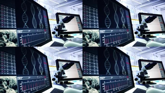 未来的实验室设备。计算机屏幕上的DNA研究