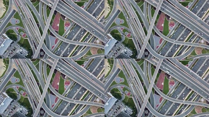 道路交叉口和城市交通的俯视图/迪拜，阿联酋