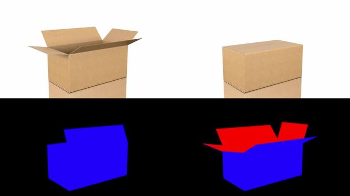 漂亮的纸板箱在镜面上快速移动，用阿尔法面具打开和关闭。带反射的储物盒循环3d动画。交付概念。
