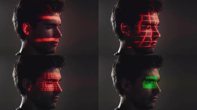 人脸识别技术概念作为人有红色和绿色网格投影到眼睛在工作室