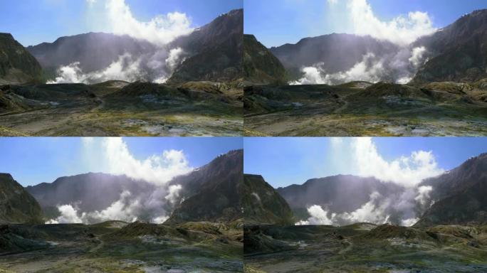 从白色岛上的火山口升起的蒸汽