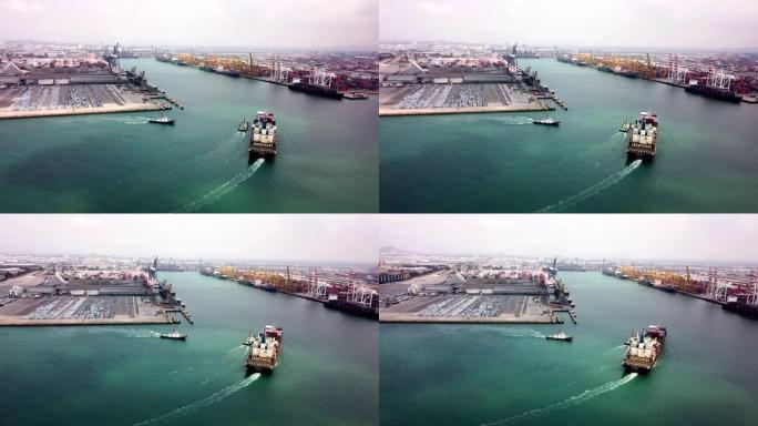 航运港口货物和集装箱船的鸟瞰图，船舶运输概念