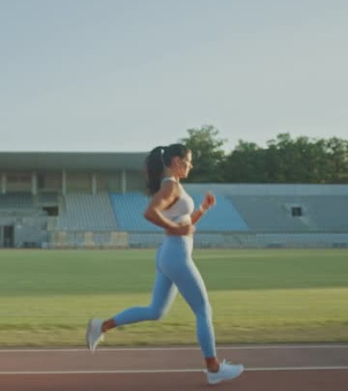 穿着浅蓝色运动上衣和紧身裤的美丽健身女子正在室外体育场开始冲刺。运动员在做她的体育练习。慢动作。垂直