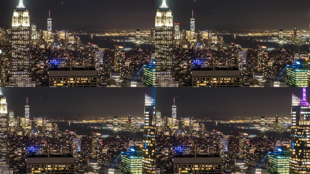 延时: 鸟瞰图纽约城市景观美国黄昏日落