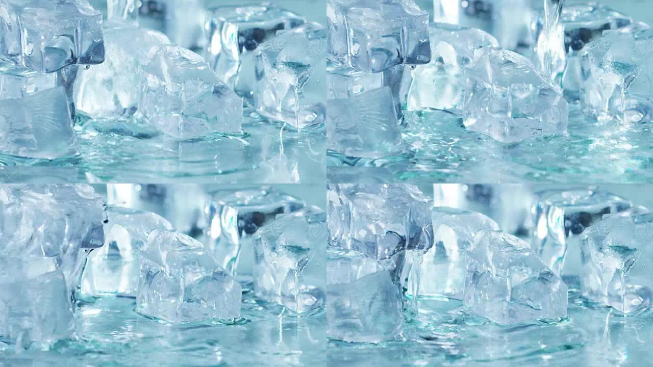 在白色背景上慢动作融化的纯水冰块的宏观拍摄。