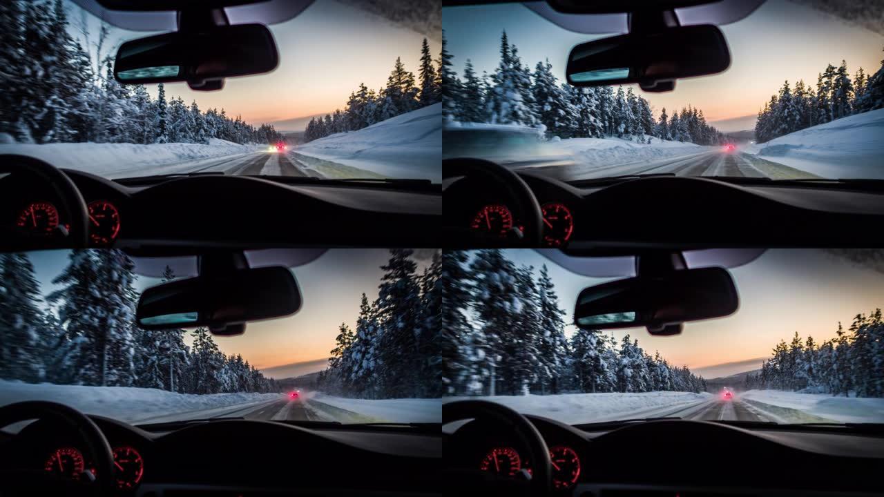 穿越冬季仙境驾车开车第一视角
