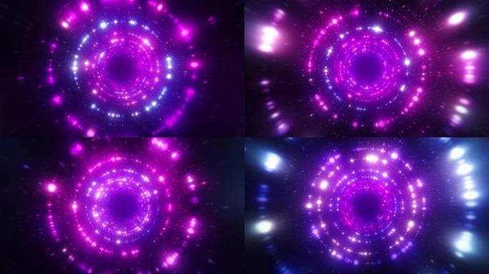 明亮的抽象波浪形运动背景。霓虹紫外线灯。螺旋隧道的发光点。明亮的亮点。激光。现代粉色和蓝色光谱。无缝
