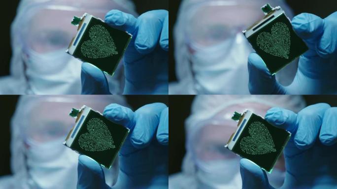 在超现代电子制造工厂中，无菌工作服设计工程师在未来全息中拥有带有符号的微芯片