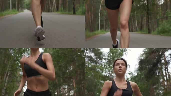 适合女运动员沿着森林路慢跑