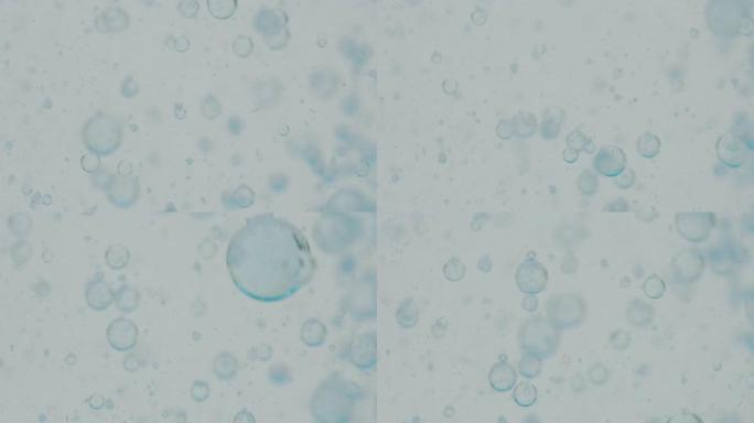 用显微镜分析液体中蓝色微粒分子的慢动作宏观，用于科学实验室的护肤和美容化妆品研究。