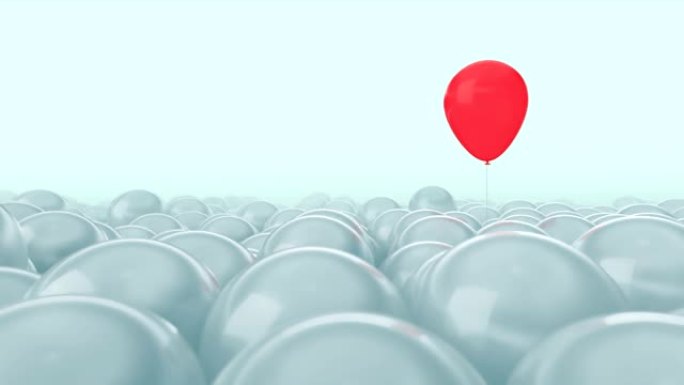 一个红色气球与许多其他气球相对。明亮的蓝光背景。理想的标题文本背景。一个反对所有人。概念思想。人格的