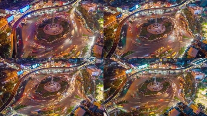 泰国曼谷市中心胜利纪念碑上的hyperlapse/droonelapse鸟瞰图