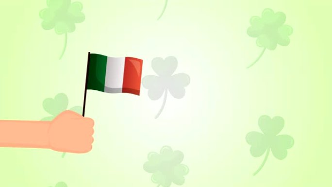 圣帕特里克节动画卡，挥舞着爱尔兰国旗