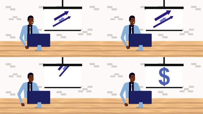 在办公室动画中使用计算机的非洲商人