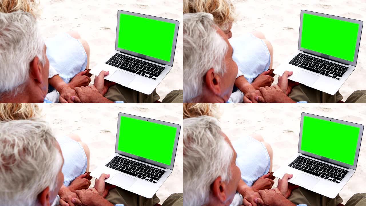 在海滩上使用笔记本电脑的高级夫妇