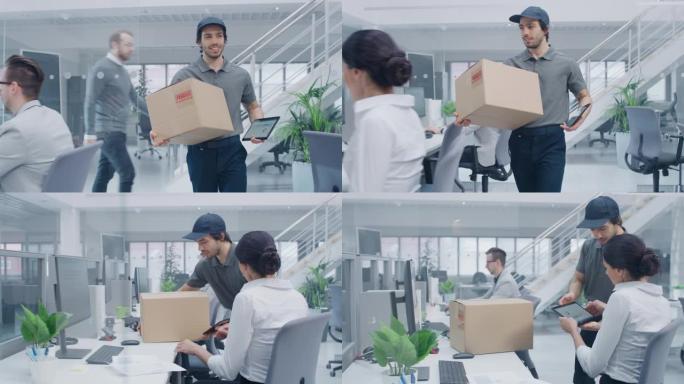 快乐的送货员进入公司办公室，将包裹交给一位美丽的女商人，她在平板电脑上签名。大光明现代商业公司办公室
