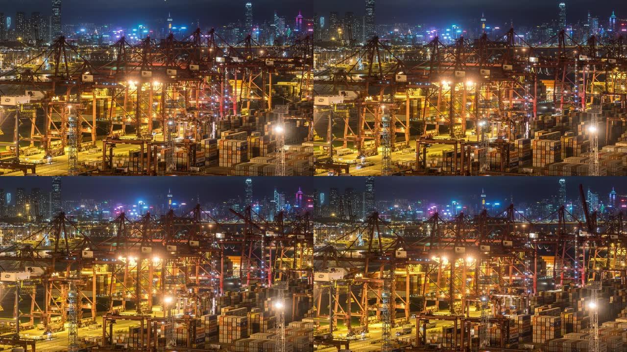 延时: 鸟瞰图货船在香港青衣港装卸港口，晚上以香港城市景观为背景