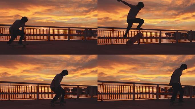 滑板手的剪影在日落时用镜头耀斑进行极端翻转技巧